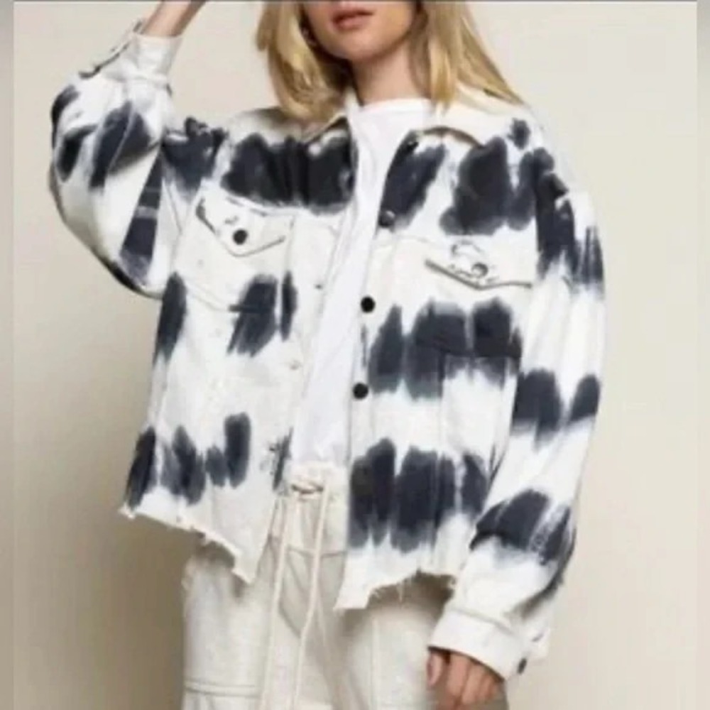 POL Tie Dye French Terry Shacket Womens M Black Gray Oversized‎ Boho Jacket